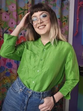 Kelly Green 100% Silk Button Up Shirt By Preston & York Petires 12P